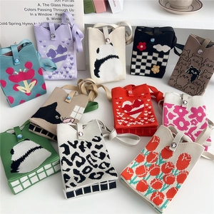Mini knitted crossbody phone bag set with cute cat, panda, and heart pattern designs