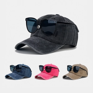 Vintage Pilot Style Washed Cotton Baseball Cap With Integrated Sunglasses Adjustable Streetwear Hip Hop Hat For Men Women
