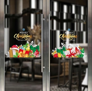 Festive Christmas window stickers with red bow gift boxes and white snowflake decals
