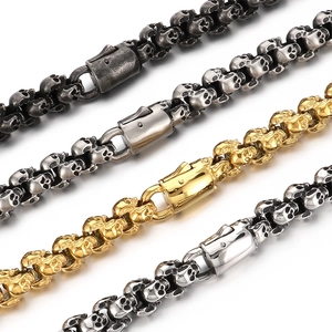 Punk skull steel chains in vintage black, antique silver, gold, and polished silver