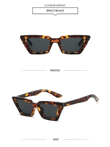 Viste dettagliate di occhiali da sole vintage cat eye con montatura tartarugata e rivetti
