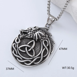 Detailed view of Viking dragon necklace with Celtic knot pendant including dimensions