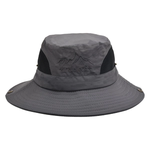 Dark grey outdoor hiking bucket hat with mesh vents and travellers mountain embroidery