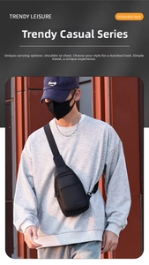 Detailed view of matte black crossbody chest bag with adjustable strap and embossed logo