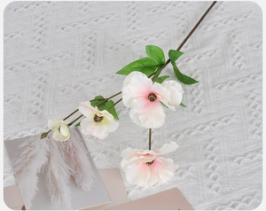 Macro shot of white silk buttercup flower with soft pink center on lace fabric