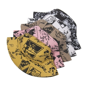 Cartoon manga print bucket hats in five colors including yellow pink and black