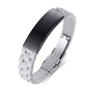 Men's sports silicone bracelet with curved black metal plate and stainless steel clasp