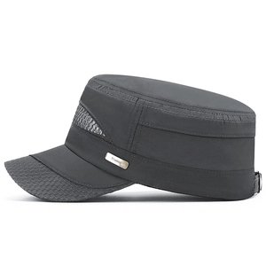 Breathable dark grey quick-dry flat top cadet cap with mesh side panels and sun protection