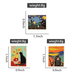 Detailed enamel pins featuring black cats with Van Gogh and Munch art styles on white backdrop