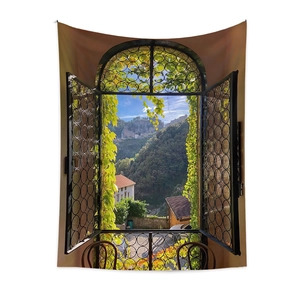 Detailed close-up of Bohemian tapestry with digital printed Mediterranean window view scenery