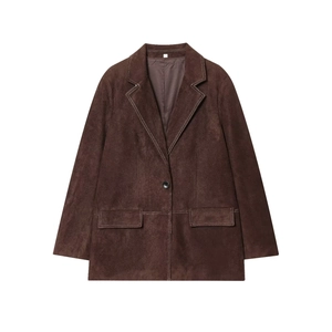 Damen Blazer Aus Wildlederimitat Mit Kontrastnähten Revers Einreihig Langarm Dunkelbraun Vintage Lässige Jacke