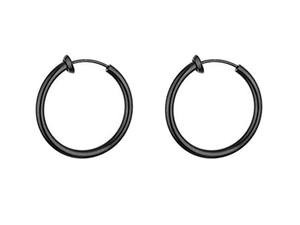Detail of black clip-on hoop earrings with spring closure for non-pierced ears