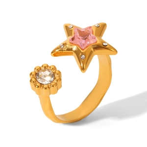 Adjustable gold stainless steel star ring with pink star gemstone and round zircon accent