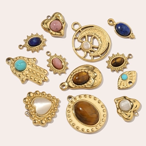 Set of 12 gold titanium steel charms with natural stones in heart and moon shapes