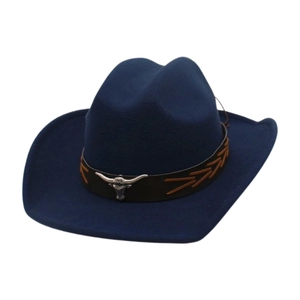 Chapeau de cowboy bleu marine de style ethnique avec bandeau cuir et emblème taureau