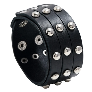 Punk Wide Cowhide Leather Bracelet With Triple Row Metal Rivets Adjustable Snap Cuff For Men Women Gothic Rock Style
