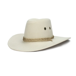 Detail of cream western cowboy hat featuring gold braided rope and ventilation eyelets