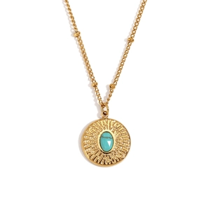 18K gold plated stainless steel bead chain necklace with hammered turquoise sunburst pendant