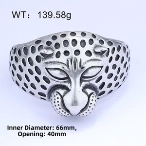 Detail view of heavy leopard head bangle weighing 139.58g with measurements and dimensions