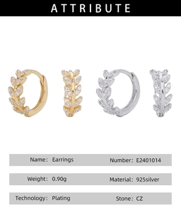 Detailed view of sterling silver leaf earrings with gold and silver plating and CZ stones