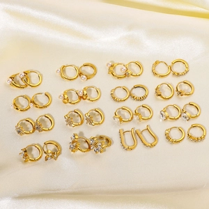 Elegant 18K gold plated stainless steel hoop earrings with pearls and crystals