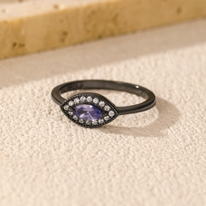 S925 sterling silver ring with marquise-cut purple stone and vintage black metal finish