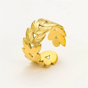 Detail of 18K gold-plated stainless steel open ring with hollow laurel leaf design