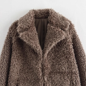 Brown faux fur teddy coat with wide lapels and fluffy texture for women's winter style