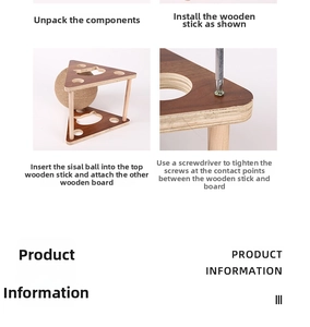 Detail of wooden cat scratcher toy assembly with sisal ball and screw reinforcement