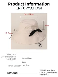 Size chart showing 54-59cm circumference and 70% linen 30% cotton material specs