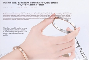 Macro detail of screw-motif titanium steel bangle with inlaid white cubic zirconia stones