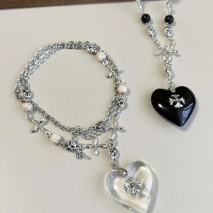 Stone beaded necklace with crystal heart and cross pendants in long sweater chain style