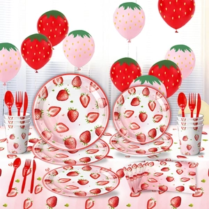 Strawberry Theme Party Tableware Paper Plates Cups Napkins Plastic Knives Forks Spoons Tablecloth For Birthday Picnic Kids Party Sweet Pink Decor