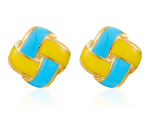 Detailed macro view of gold-plated square earrings with yellow and sky blue enamel inlays