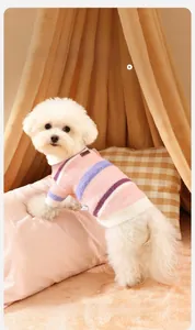 Detailed view of striped pink and purple pet sweater on a small dog in a warm indoor setting