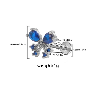 Detailed dimensions of silver butterfly labret stud with blue stones 8mm x 9mm size