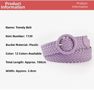 Detail view of purple woven belt showing size dimensions 108cm length and 3.8cm width
