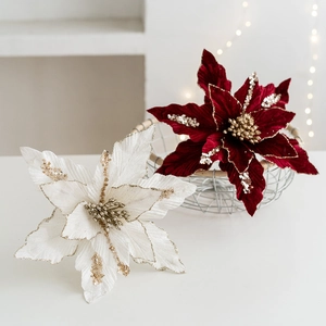 Fiori Di Natale Artificiali Poinsettia In Velluto Con Paillettes Decorazione Albero Di Natale Ornamenti Appesi Festa Casa