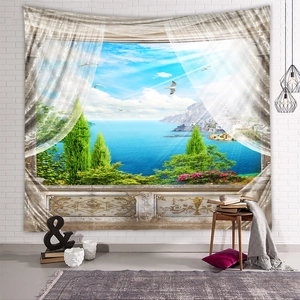 Detail view of 3D Mediterranean sea window landscape tapestry hanging on a white brick wall