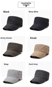 Flat top military style caps in six colors with side air vents and reinforced stitching