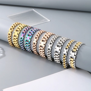 Selection of stainless steel watch band bracelets in multiple metallic colors and finishes