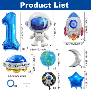 Space theme balloon set including astronaut, rocket, and Earth for 1st birthday decor