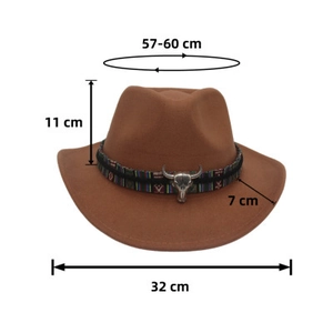 Detailed dimensions of brown western cowboy hat with ethnic band and silver bull head icon
