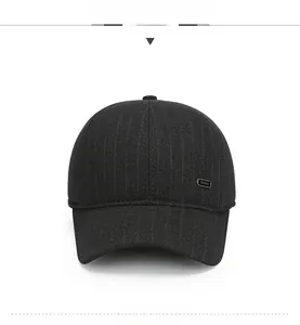 Detailed front view of a warm wool baseball cap for men featuring a subtle striped texture