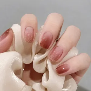 Short Square Press On Nails Brown Pink Gradient Glitter Luxury Removable Reusable False Nails Glue Version