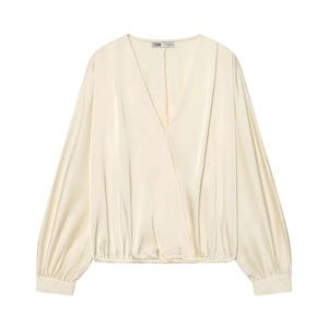 Chemisier Élégant En Satin De Polyester Pour Femmes Col En V Croisé Manches Longues Poignets Élastiques Smockés Uni
