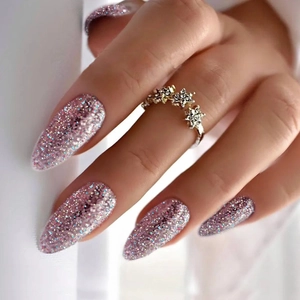 Sparkling lavender laser press-on nails with holographic glitter and star ring