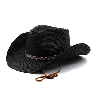 Black straw cowboy hat with wide brim, silver studded band, and adjustable chin strap