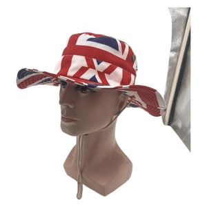 Union Jack printed sun hat for men and women featuring a wide brim and adjustable chin strap