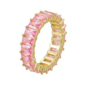 Gold eternity ring with rectangular pink cubic zirconia stones in minimalist hip hop style